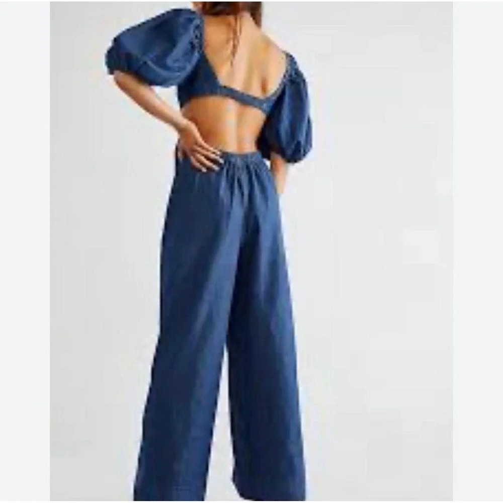 Free People Chambray Palazzo Jumpsuit Open Back Puff Sleeve Boho Cottagecore